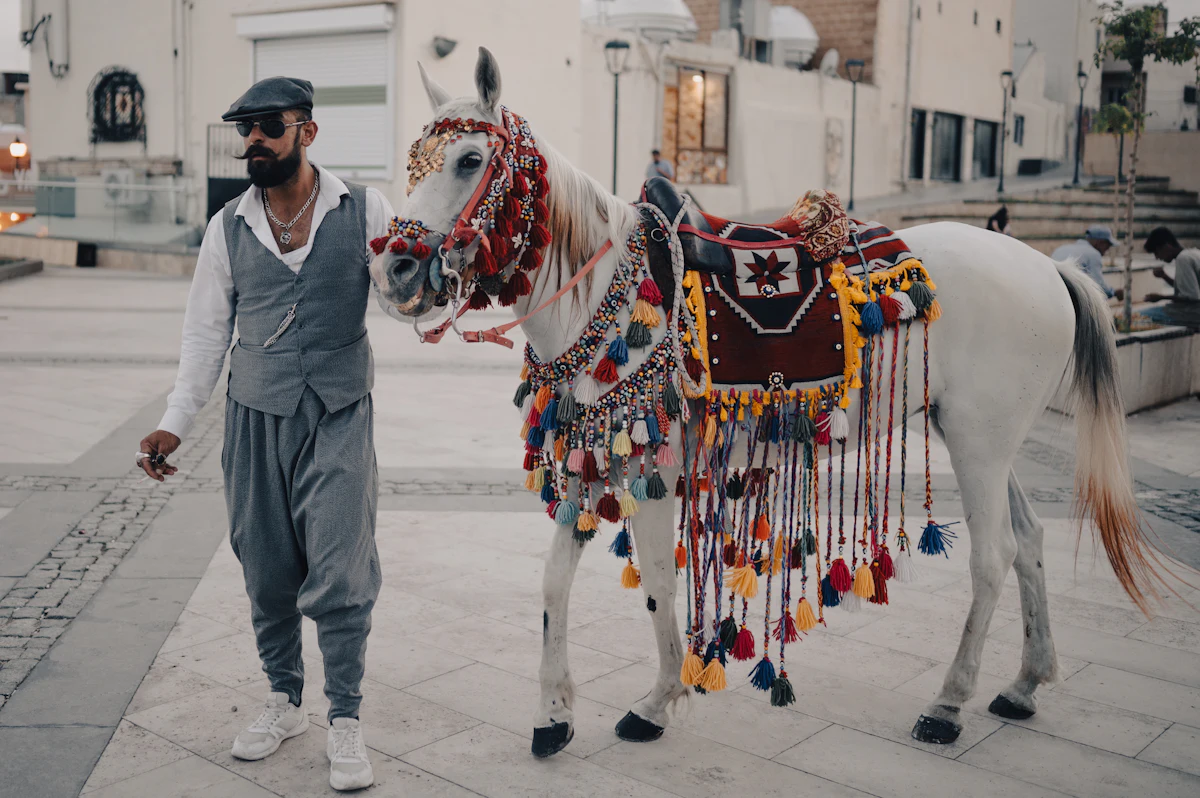Man walks a decorated horse — What the groom actually arrives on