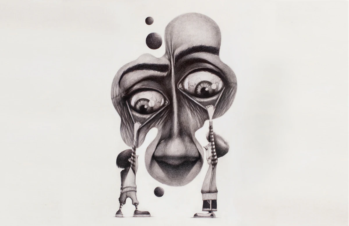 a pencil drawing of a face with eyes and a nose — The family caricature wall