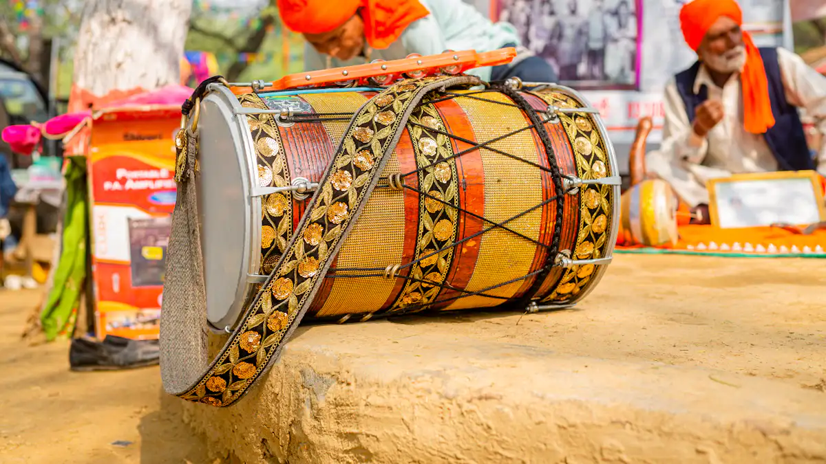 a drum sitting on top of a wooden table — The dhol-only opener