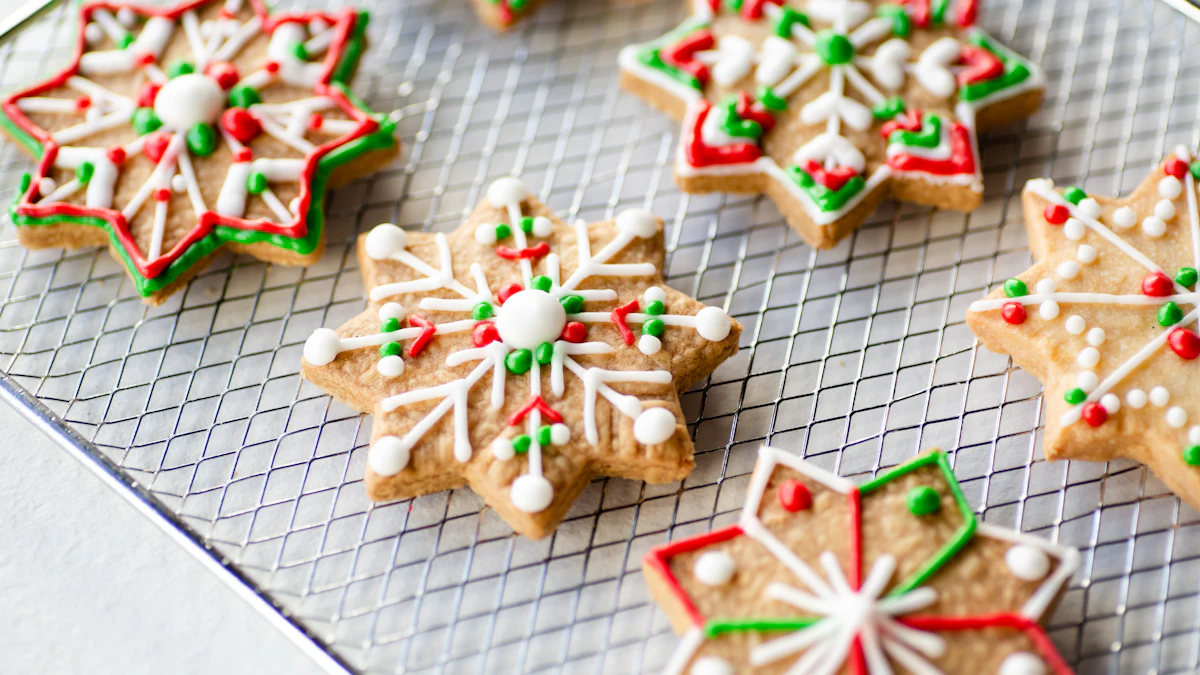 a tray of decorated cookies on a cooling rack — Edible menu cards