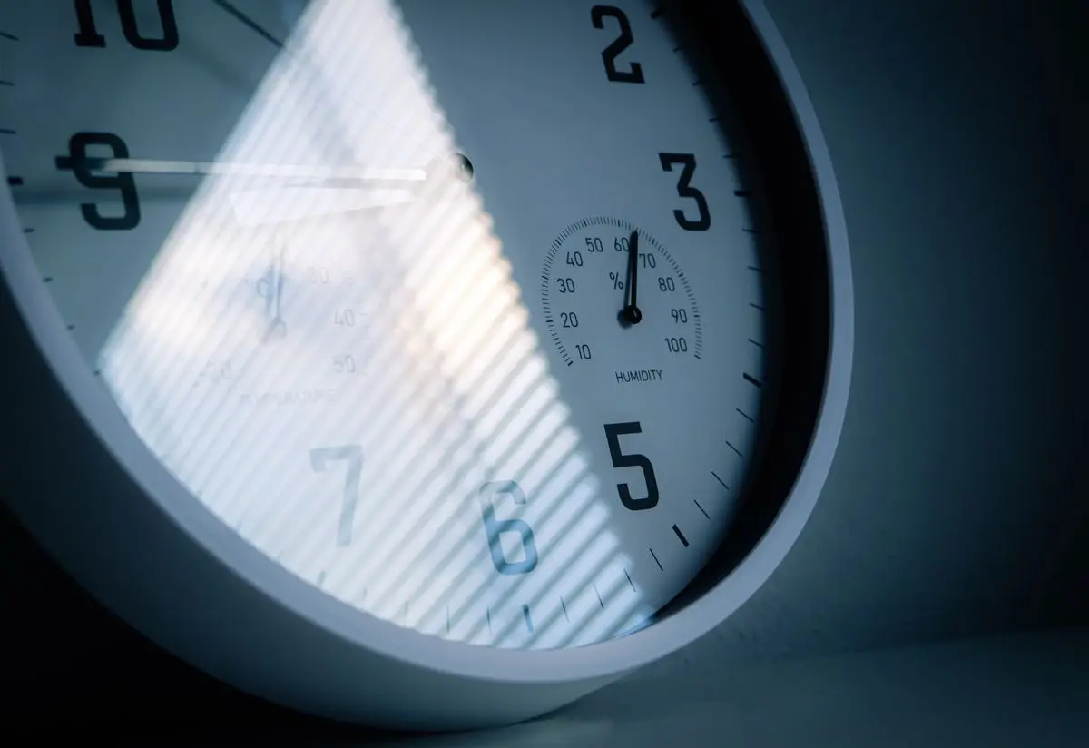 A close-up of a wall clock showing time and humidity, reflecting light and shadows. — A function-by-function timeline that holds