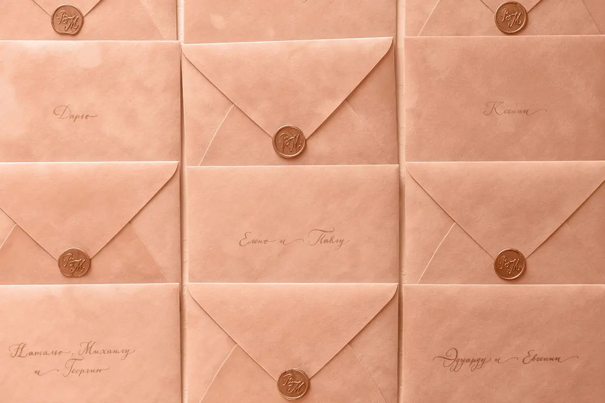 Rows of peach-colored envelopes sealed with wax, featuring elegant calligraphy. — From invitations sent to people who turn up